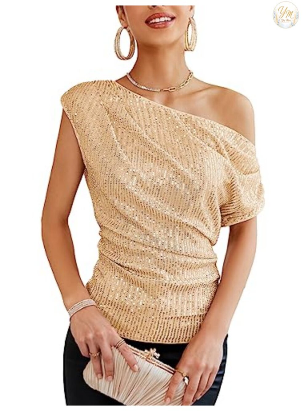 Sequin One Shoulder Ruched Asymmetrical Glitter Party Top Slim Fit